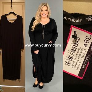 LONG BLACK V-NECK MAXI DRESS WITH HOOD
